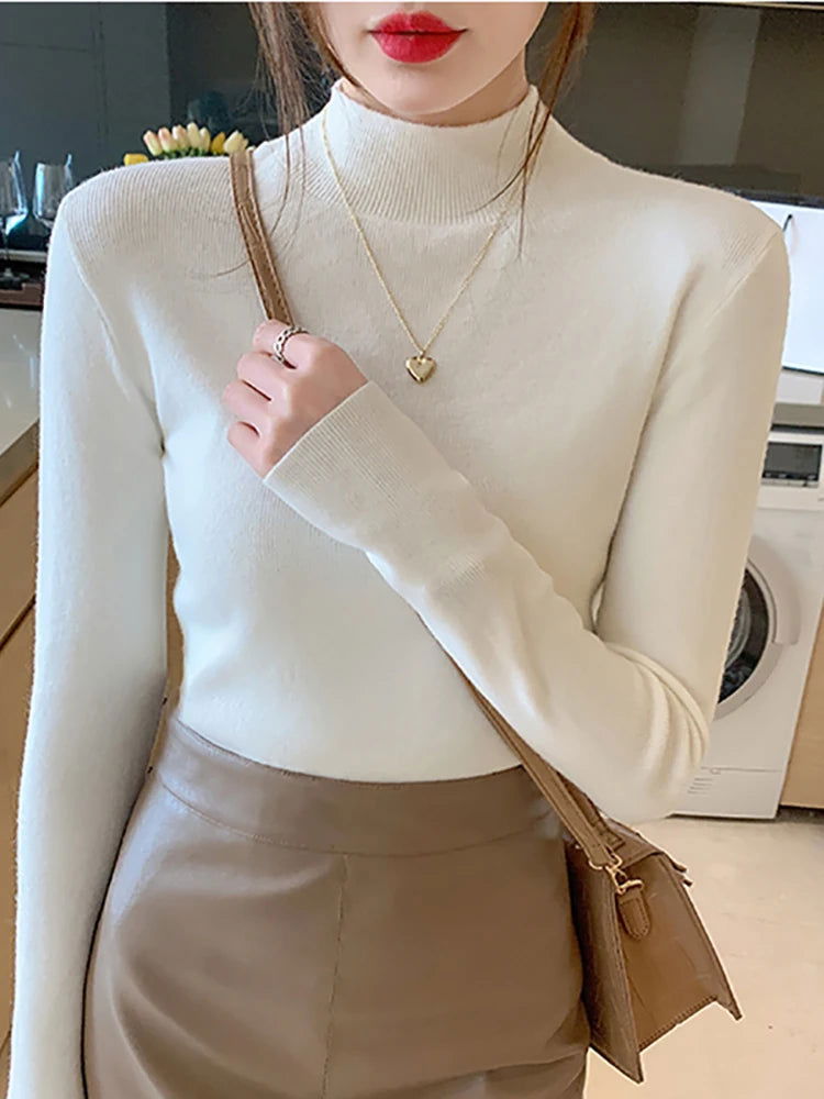 AOSSVIAO Turtleneck Sweater Women Fashion 2024 New Stretch Tops Women Knitted Pullovers Long Sleeve Bottoming Knitted Sweater - Slobuy