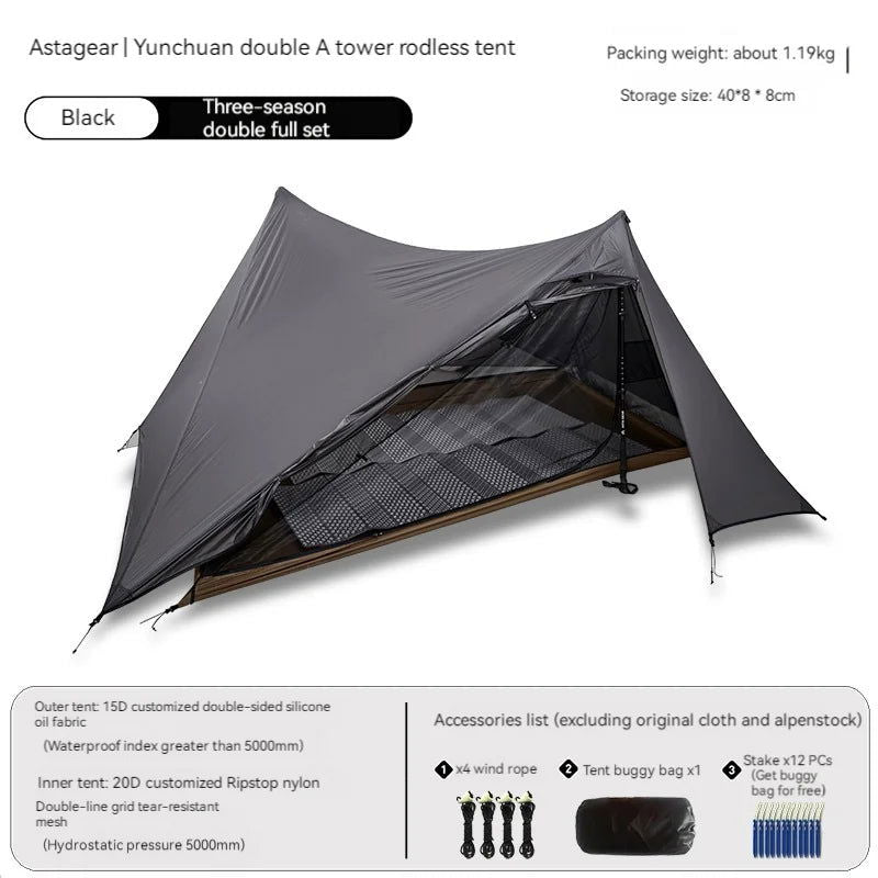 ASTA GEAR Yun Chuan double-sided silicon-coated double A pyramid 15D nylon rodless camping hiking outdoor ultralight tent - Slobuy