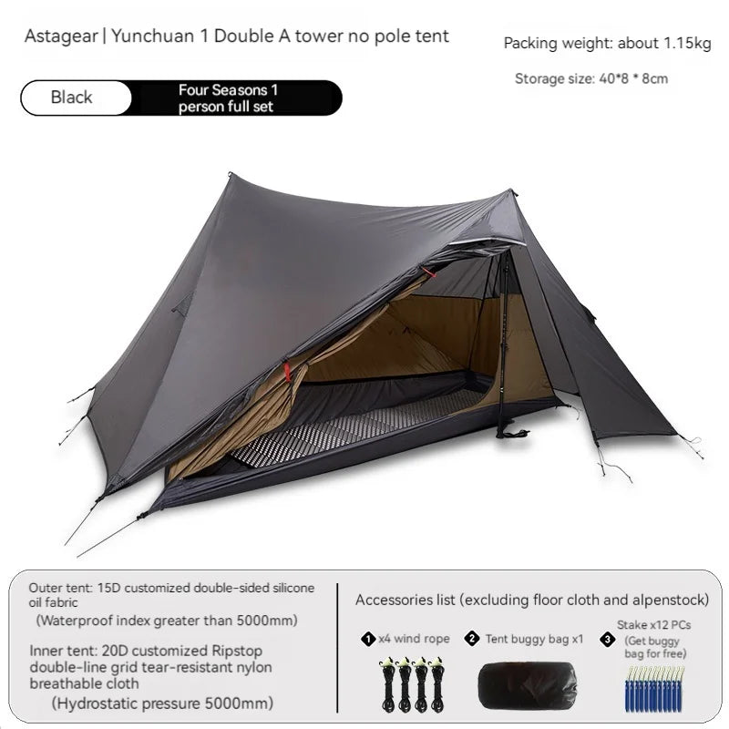 ASTA GEAR Yun Chuan double-sided silicon-coated double A pyramid 15D nylon rodless camping hiking outdoor ultralight tent - Slobuy