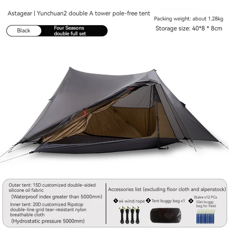 ASTA GEAR Yun Chuan double-sided silicon-coated double A pyramid 15D nylon rodless camping hiking outdoor ultralight tent - Slobuy