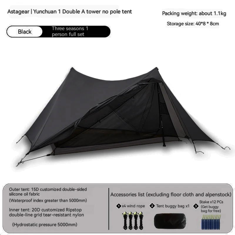 ASTA GEAR Yun Chuan double-sided silicon-coated double A pyramid 15D nylon rodless camping hiking outdoor ultralight tent - Slobuy