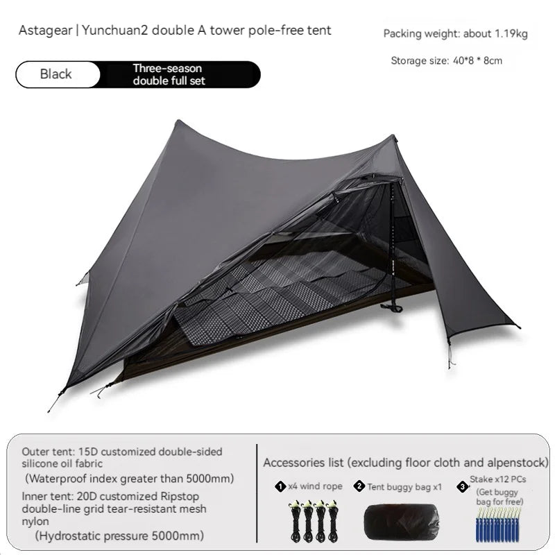 ASTA GEAR Yun Chuan double-sided silicon-coated double A pyramid 15D nylon rodless camping hiking outdoor ultralight tent - Slobuy