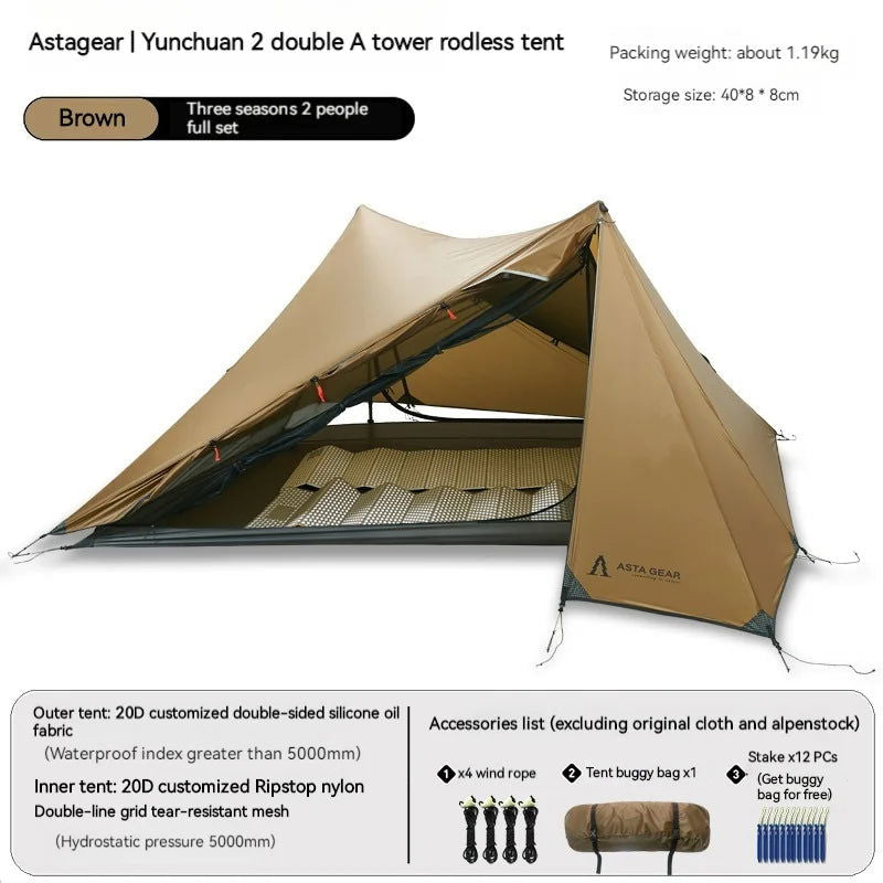 ASTA GEAR Yun Chuan double-sided silicon-coated double A pyramid 15D nylon rodless camping hiking outdoor ultralight tent - Slobuy