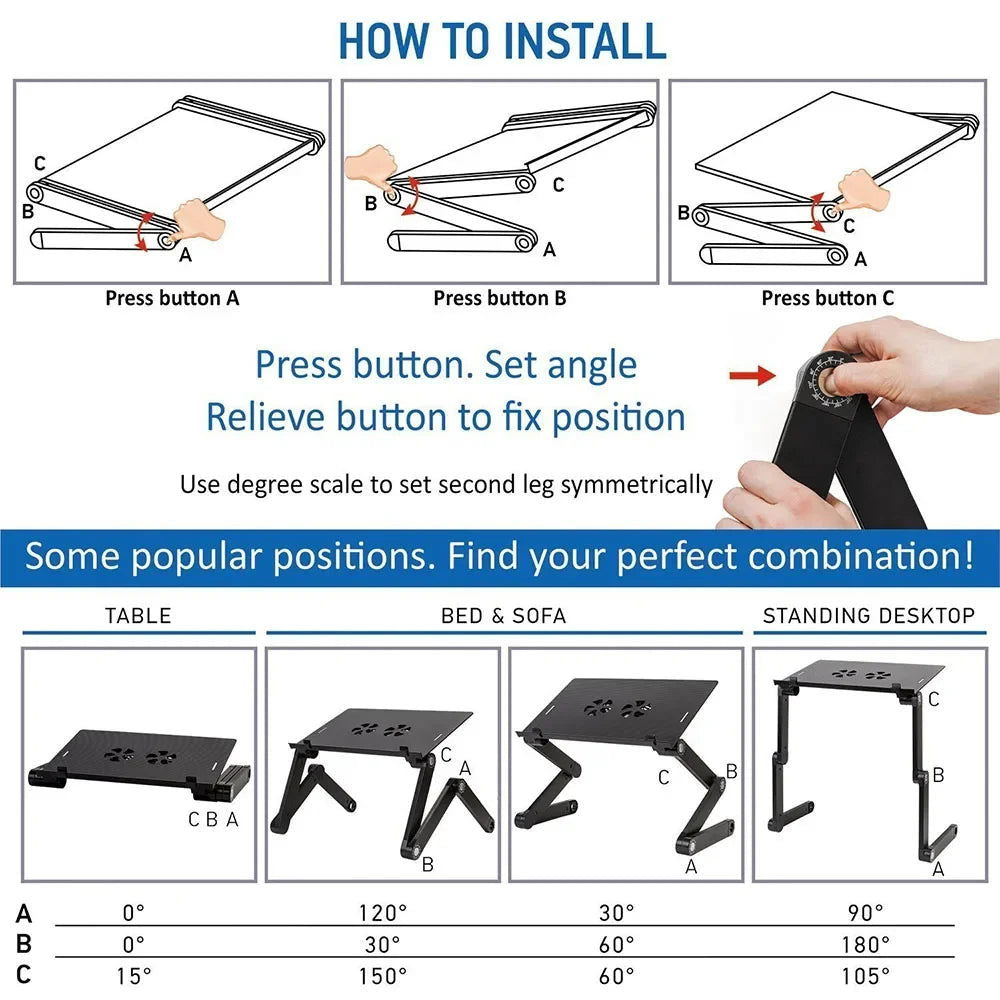 Adjustable Laptop Desk Stand Cooler fan Portable Ergonomic Lapdesk For Bed Sofa PC Notebook Table Desk With Mouse Pad Aluminum - Slobuy