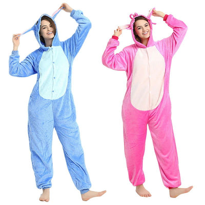 Adults Stitch Cosplay Pajamas Anime Stitch Angel Cute Costume Jumpsuit Pajamas Hooded Sleepwear Halloween Costume for Men Women - Slobuy