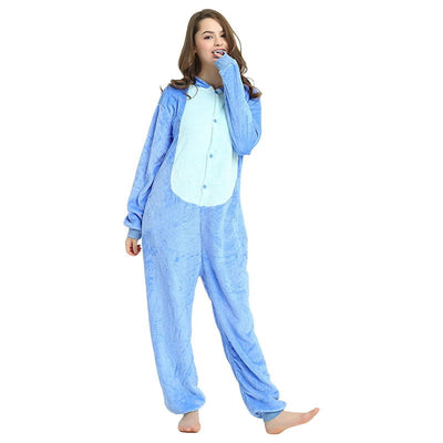 Adults Stitch Cosplay Pajamas Anime Stitch Angel Cute Costume Jumpsuit Pajamas Hooded Sleepwear Halloween Costume for Men Women - Slobuy