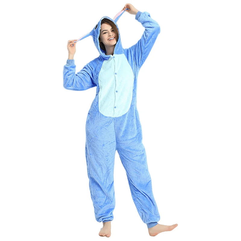Adults Stitch Cosplay Pajamas Anime Stitch Angel Cute Costume Jumpsuit Pajamas Hooded Sleepwear Halloween Costume for Men Women - Slobuy