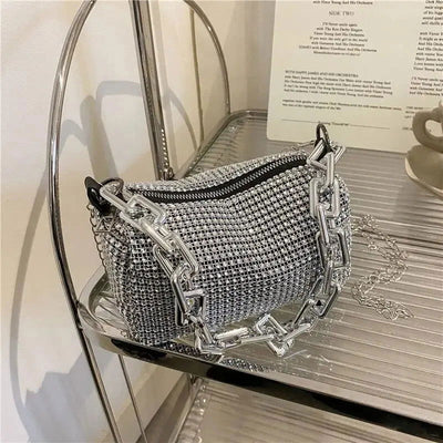 Allover Rhinestone Bucket Bag, Glitter Chain Prom Purse, Women's Mini Crossbody Bag (6.3*3.54) Inch - Slobuy
