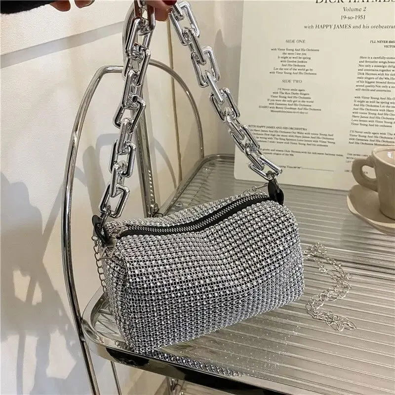 Allover Rhinestone Bucket Bag, Glitter Chain Prom Purse, Women's Mini Crossbody Bag (6.3*3.54) Inch - Slobuy