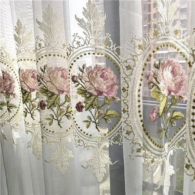 American Luxury Peony Embroidery Tulle Curtain For Living Room European Elegant Flower Embroidery Sheer Voile Drapes For Bedroom - Slobuy