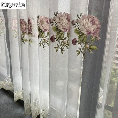 American Luxury Peony Embroidery Tulle Curtain For Living Room European Elegant Flower Embroidery Sheer Voile Drapes For Bedroom - Slobuy