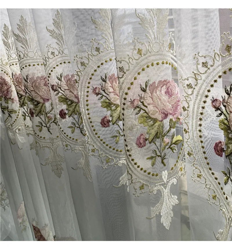 American Luxury Peony Embroidery Tulle Curtain For Living Room European Elegant Flower Embroidery Sheer Voile Drapes For Bedroom - Slobuy