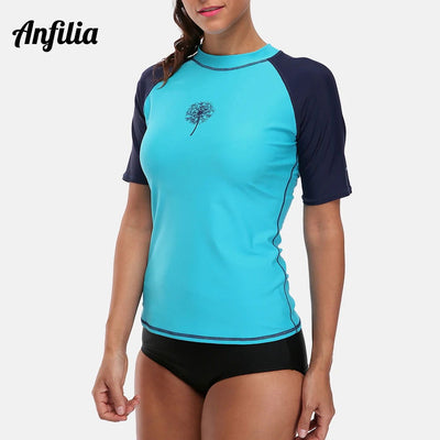 Anfilia Women Short Sleeve Rashguard Shirt Swimsuit Patchwork Swimwear Surfing Top Hiking Shirt Rash Guard UPF50+ - Slobuy