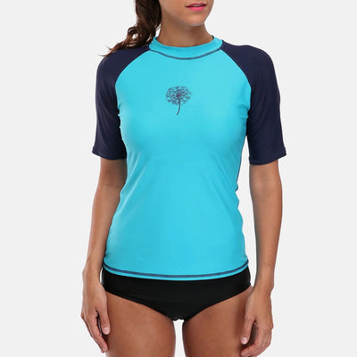 Anfilia Women Short Sleeve Rashguard Shirt Swimsuit Patchwork Swimwear Surfing Top Hiking Shirt Rash Guard UPF50+ - Slobuy