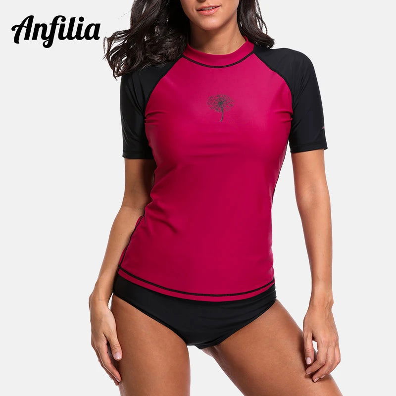 Anfilia Women Short Sleeve Rashguard Shirt Swimsuit Patchwork Swimwear Surfing Top Hiking Shirt Rash Guard UPF50+ - Slobuy