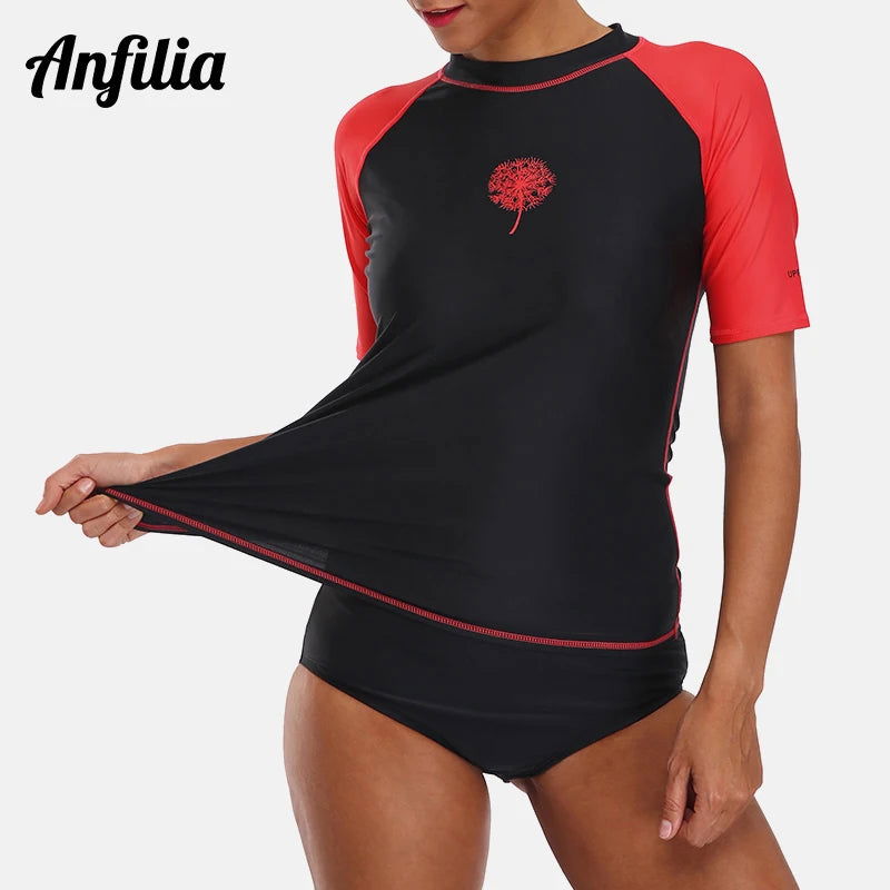 Anfilia Women Short Sleeve Rashguard Shirt Swimsuit Patchwork Swimwear Surfing Top Hiking Shirt Rash Guard UPF50+ - Slobuy