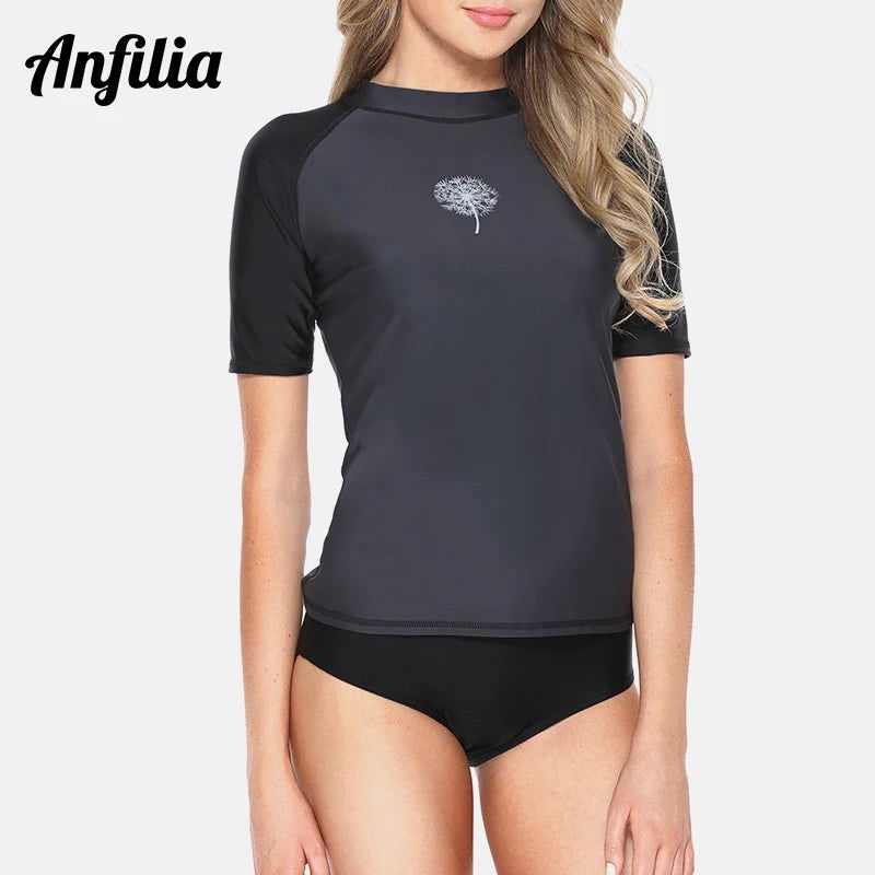 Anfilia Women Short Sleeve Rashguard Shirt Swimsuit Patchwork Swimwear Surfing Top Hiking Shirt Rash Guard UPF50+ - Slobuy