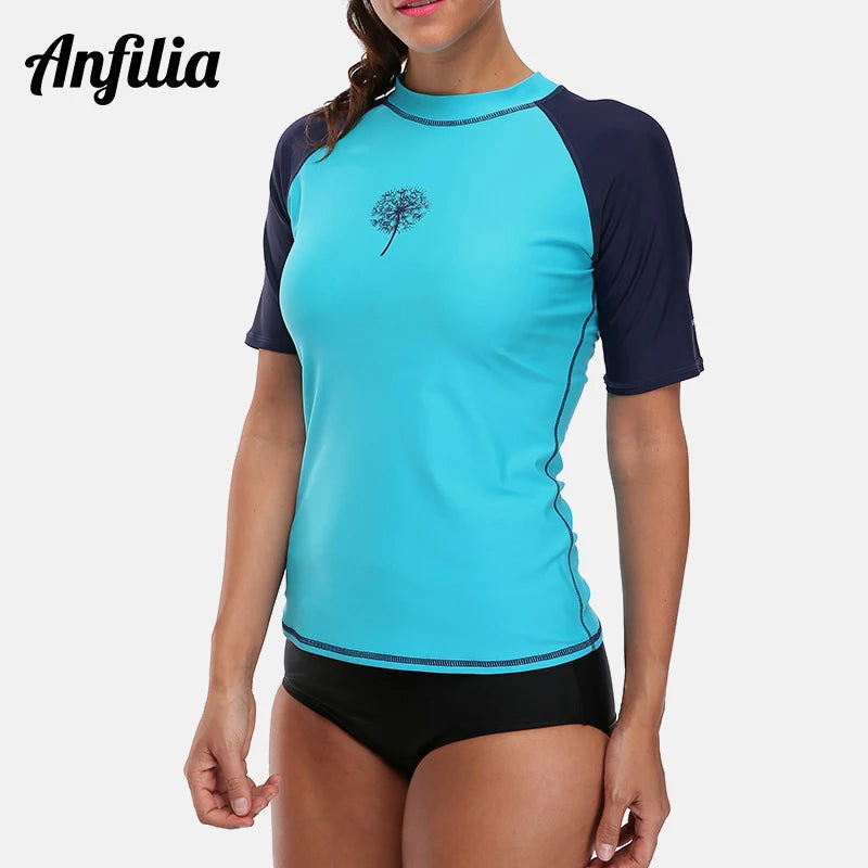 Anfilia Women Short Sleeve Rashguard Shirt Swimsuit Patchwork Swimwear Surfing Top Hiking Shirt Rash Guard UPF50+ - Slobuy