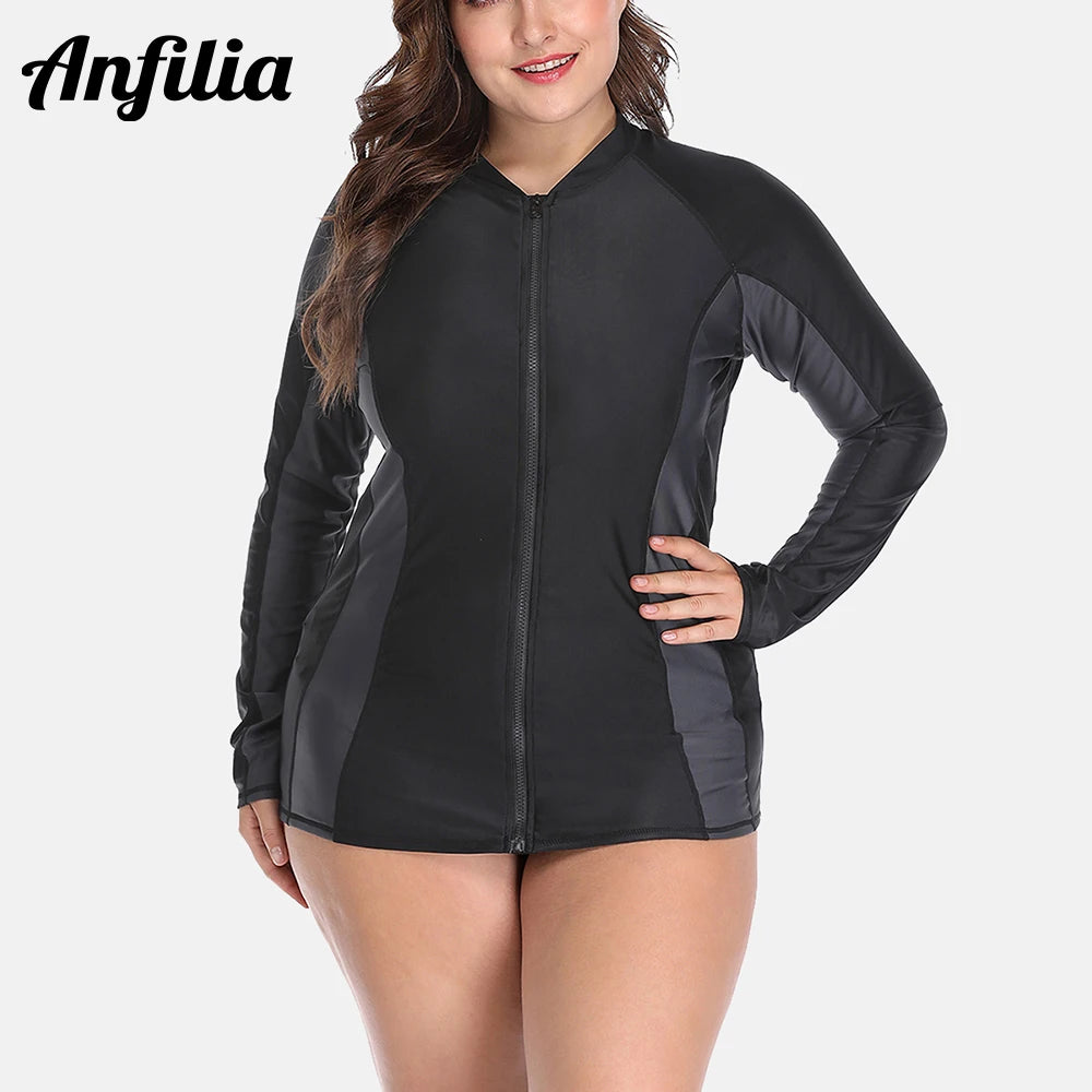 Anfilia Women's Rashgurd Top Plus Size Long Sleeves Zipper Swimming Shirts UPF50+ UV-Protection Rash Guard - Slobuy