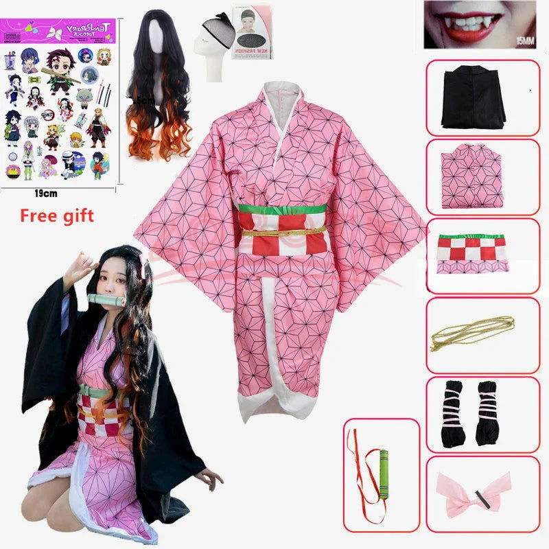 Anime Demon Slayer Nezuko Cosplay Costume Kimono Kimetsu No Yaiba Kamado Nezuko Costume Wig Womens Girls Kimono Uniform Clothes - Slobuy
