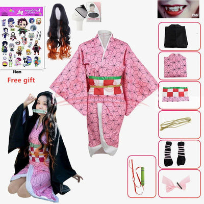 Anime Demon Slayer Nezuko Cosplay Costume Kimono Kimetsu No Yaiba Kamado Nezuko Costume Wig Womens Girls Kimono Uniform Clothes - Slobuy