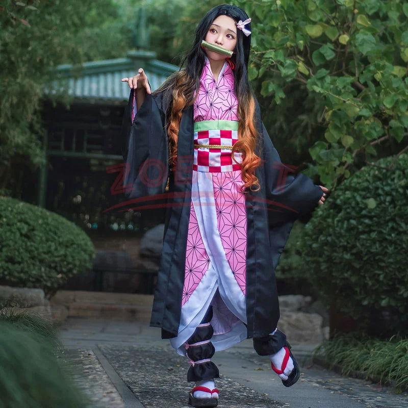 Anime Demon Slayer Nezuko Cosplay Costume Kimono Kimetsu No Yaiba Kamado Nezuko Costume Wig Womens Girls Kimono Uniform Clothes - Slobuy