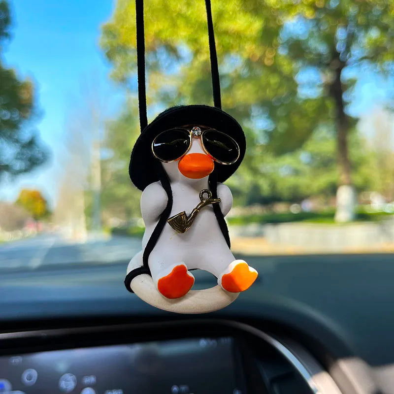 Anime Duck Car Interior Decoration Cute Gypsum Swing Duck With Pipe Glasses Auto Rearview Mirror Pendant For Car Accessories - Slobuy