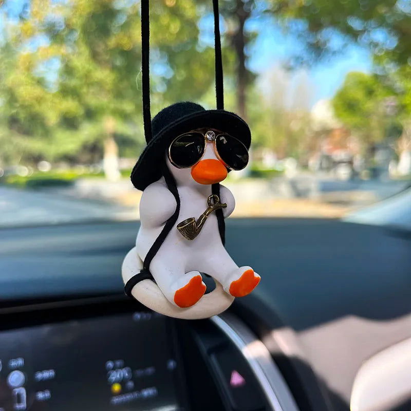 Anime Duck Car Interior Decoration Cute Gypsum Swing Duck With Pipe Glasses Auto Rearview Mirror Pendant For Car Accessories - Slobuy