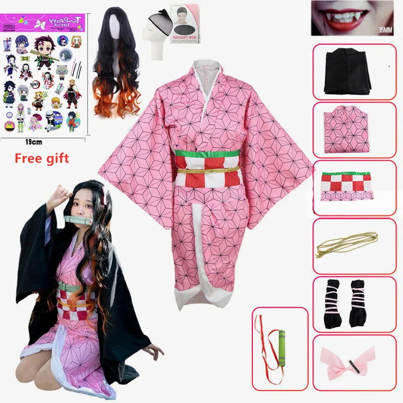 Anime Nezuko Cosplay Costume Kimono Devil Hunter Kamado Nezuko Costume Wig Womens Girls Kimono Uniform Clothes - Slobuy