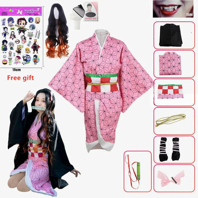 Anime Nezuko Cosplay Costume Kimono Devil Hunter Kamado Nezuko Costume Wig Womens Girls Kimono Uniform Clothes - Slobuy