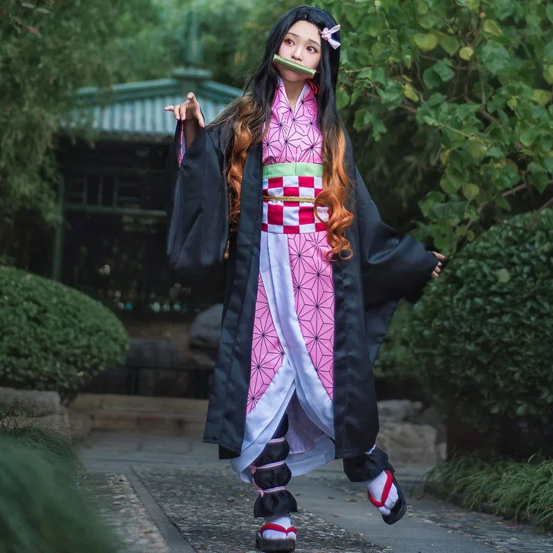 Anime Nezuko Cosplay Costume Kimono Devil Hunter Kamado Nezuko Costume Wig Womens Girls Kimono Uniform Clothes - Slobuy
