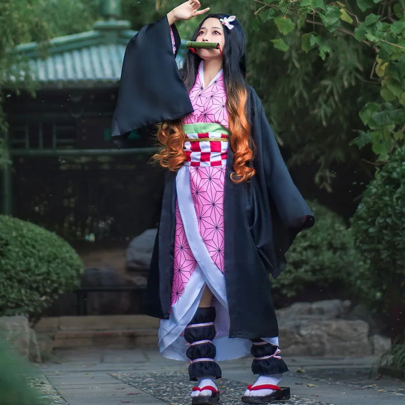 Anime Nezuko Cosplay Costume Kimono Devil Hunter Kamado Nezuko Costume Wig Womens Girls Kimono Uniform Clothes - Slobuy