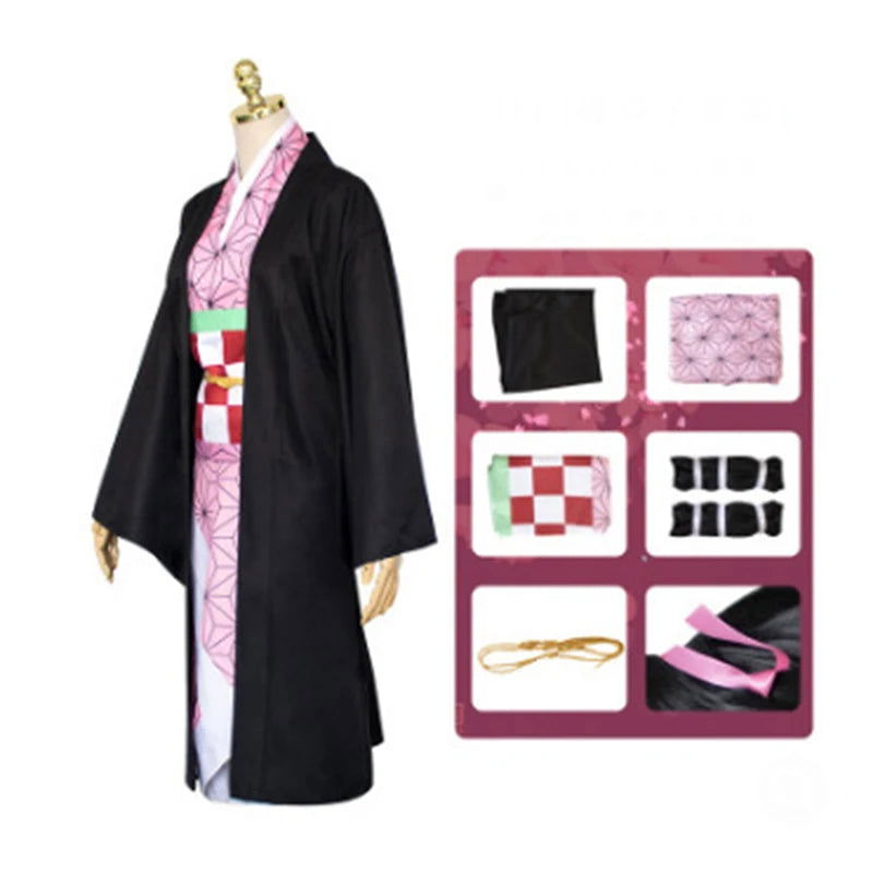 Anime Nezuko Cosplay Costume Kimono Devil Hunter Kamado Nezuko Costume Wig Womens Girls Kimono Uniform Clothes - Slobuy
