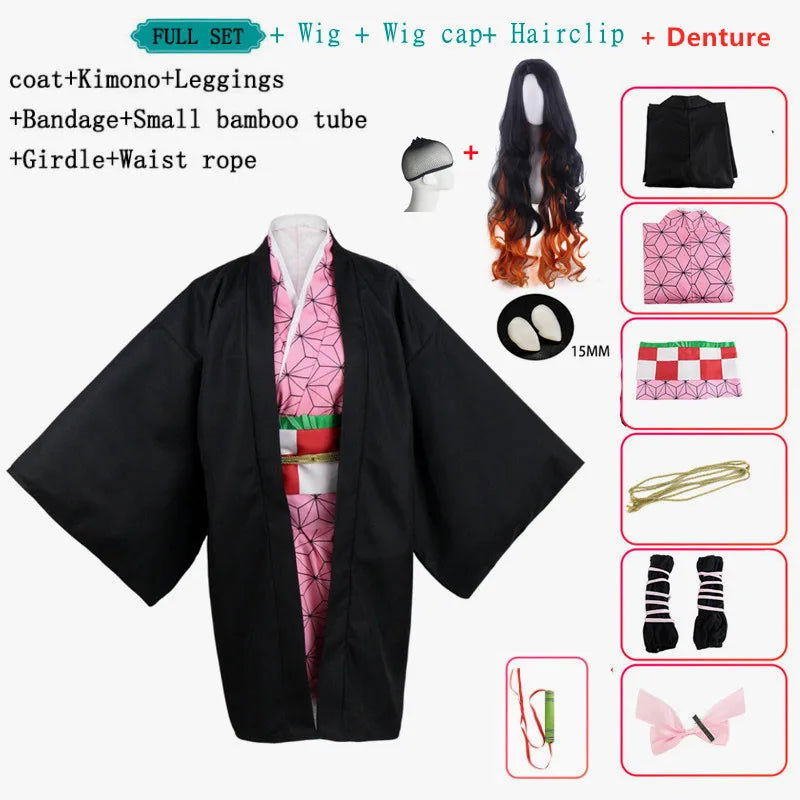 Anime Nezuko Cosplay Costume Kimono Devil Hunter Kamado Nezuko Costume Wig Womens Girls Kimono Uniform Clothes - Slobuy