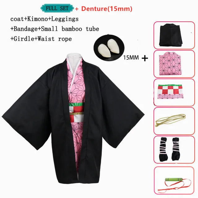 Anime Nezuko Cosplay Costume Kimono Devil Hunter Kamado Nezuko Costume Wig Womens Girls Kimono Uniform Clothes - Slobuy