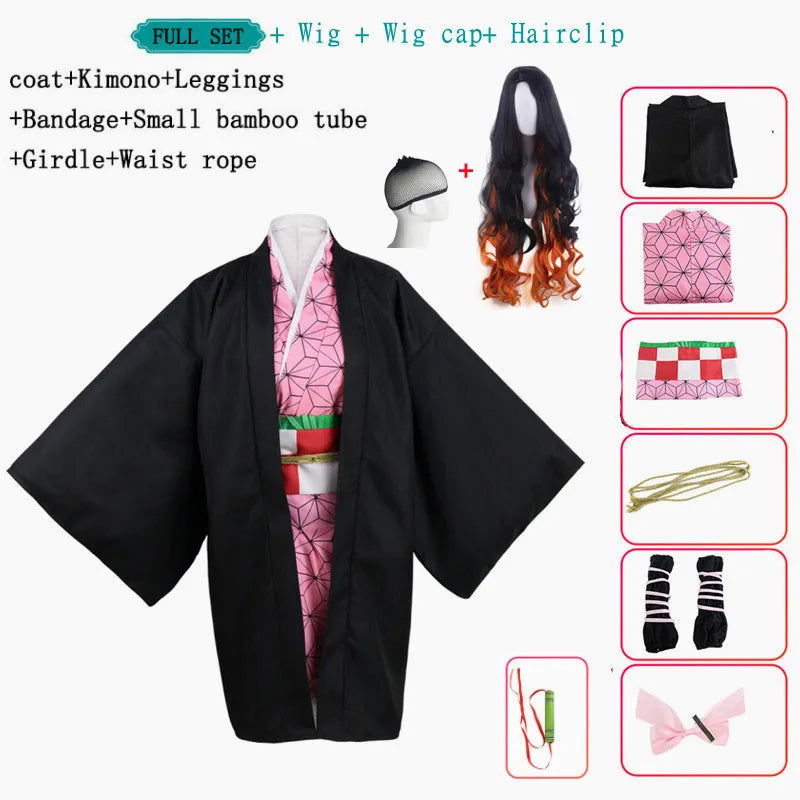 Anime Nezuko Cosplay Costume Kimono Devil Hunter Kamado Nezuko Costume Wig Womens Girls Kimono Uniform Clothes - Slobuy