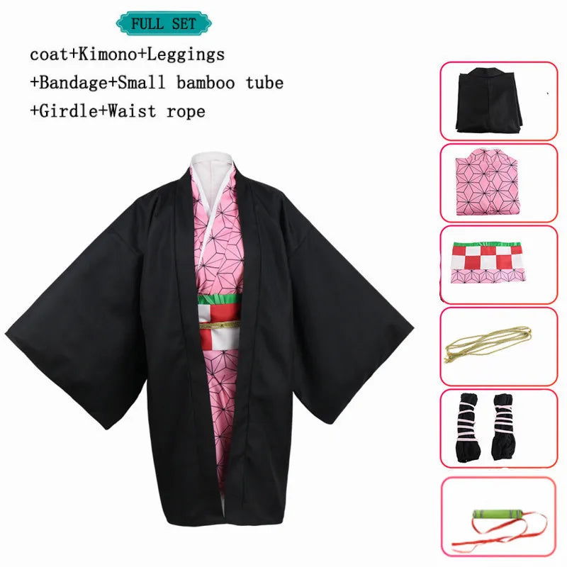 Anime Nezuko Cosplay Costume Kimono Devil Hunter Kamado Nezuko Costume Wig Womens Girls Kimono Uniform Clothes - Slobuy