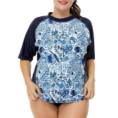 Attraco Swimsuit Swimwear Rash Guard Women Short Sleeve Retro Floral Print Shirt Womens Plus Size UPF50+ Rash Guard Beach Wear - Slobuy