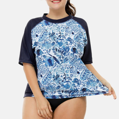 Attraco Swimsuit Swimwear Rash Guard Women Short Sleeve Retro Floral Print Shirt Womens Plus Size UPF50+ Rash Guard Beach Wear - Slobuy
