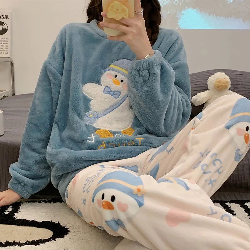 Autumn Winter Warm Flannel Women's Pajamas Set Long-sleeved Trousers Two-piece Set Cute Soft Home Wear Clothes for Women - Slobuy