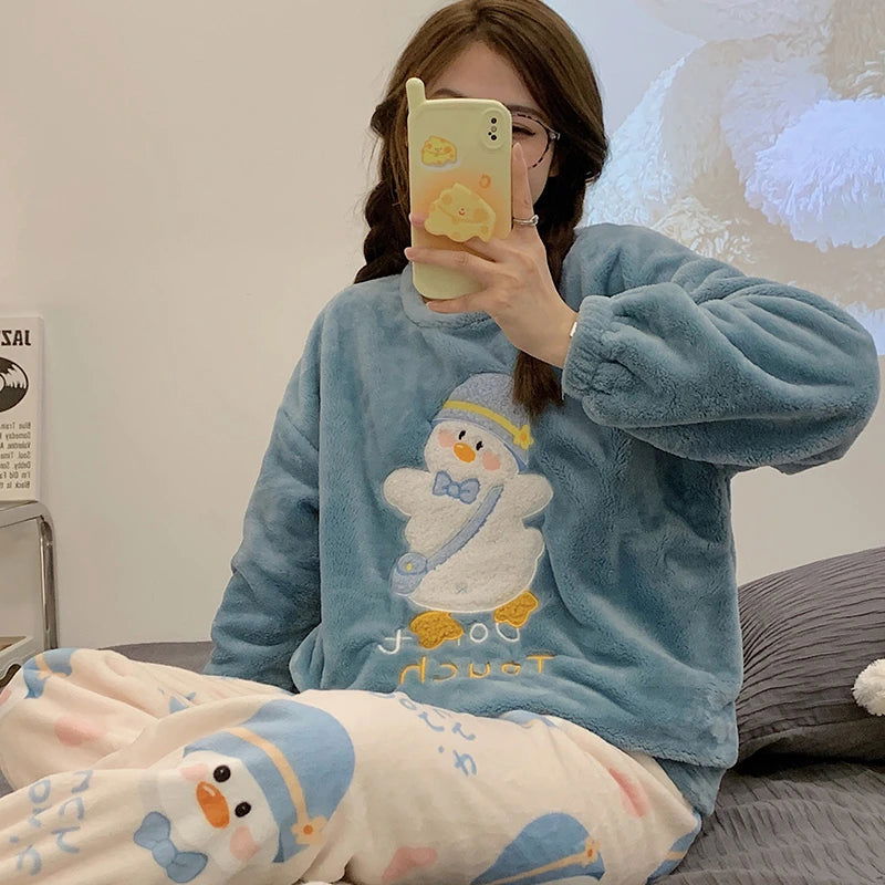 Autumn Winter Warm Flannel Women's Pajamas Set Long-sleeved Trousers Two-piece Set Cute Soft Home Wear Clothes for Women - Slobuy