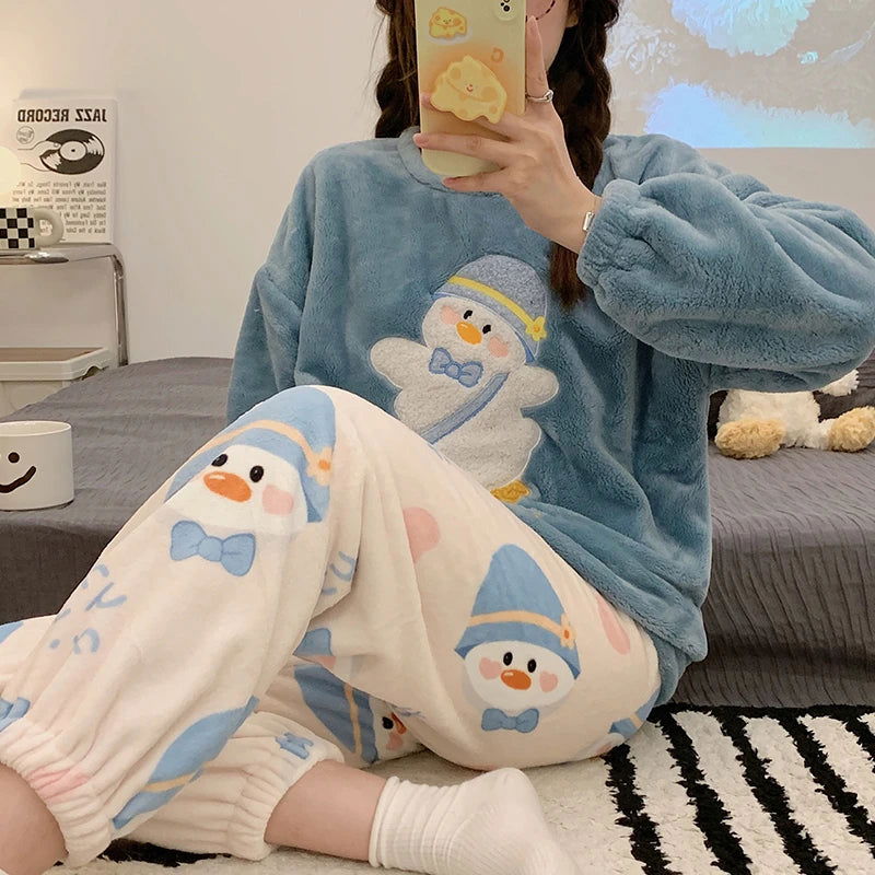Autumn Winter Warm Flannel Women's Pajamas Set Long-sleeved Trousers Two-piece Set Cute Soft Home Wear Clothes for Women - Slobuy