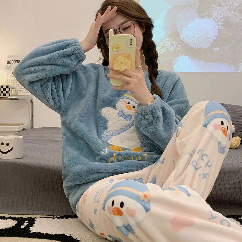 Autumn Winter Warm Flannel Women's Pajamas Set Long-sleeved Trousers Two-piece Set Cute Soft Home Wear Clothes for Women - Slobuy