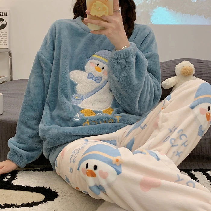 Autumn Winter Warm Flannel Women's Pajamas Set Long-sleeved Trousers Two-piece Set Cute Soft Home Wear Clothes for Women - Slobuy