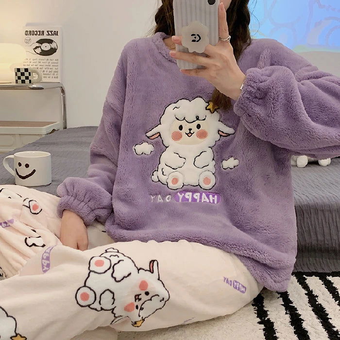 Autumn Winter Warm Flannel Women's Pajamas Set Long-sleeved Trousers Two-piece Set Cute Soft Home Wear Clothes for Women - Slobuy