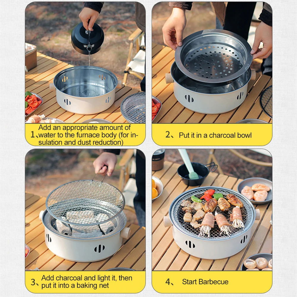 BBQ Charcoal Grill Portable Round Barbecue Grill with Grill Net Charcoal Barbecue Grill Multifunction for Outdoor Garden Patio - Slobuy