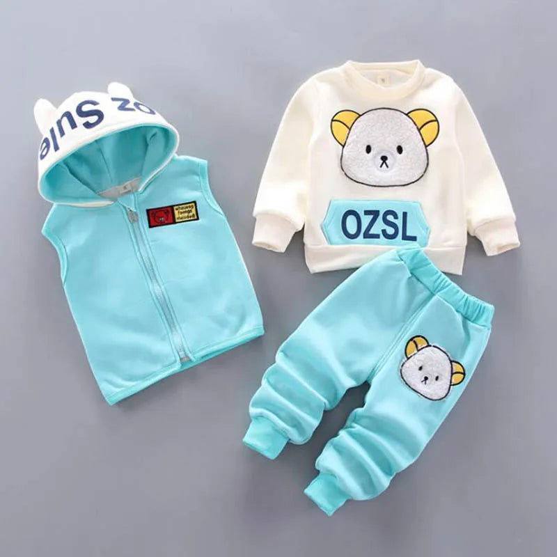 Baby Boys And Girls Clothing Set Tricken Fleece Children Hooded Outerwear Tops Pants 3PCS Outfits Kids Toddler Warm Costume Suit - Slobuy