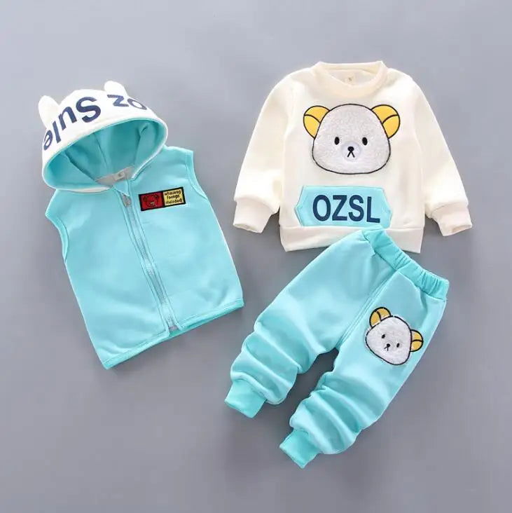 Baby Boys And Girls Clothing Set Tricken Fleece Children Hooded Outerwear Tops Pants 3PCS Outfits Kids Toddler Warm Costume Suit - Slobuy