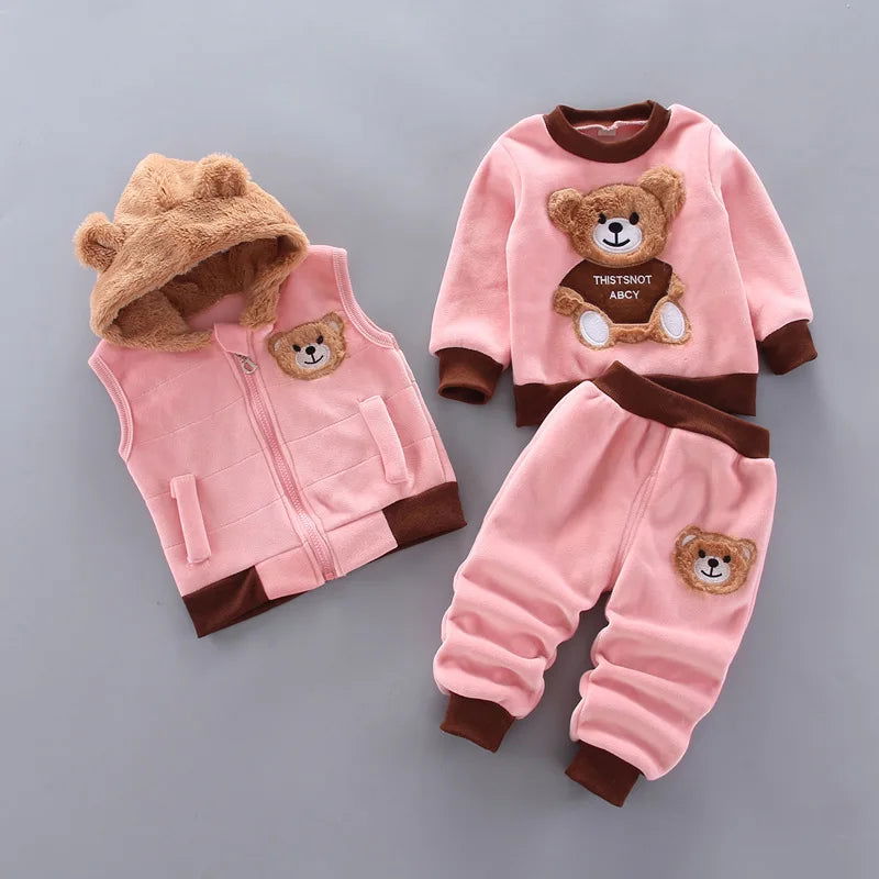 Baby Boys And Girls Clothing Set Tricken Fleece Children Hooded Outerwear Tops Pants 3PCS Outfits Kids Toddler Warm Costume Suit - Slobuy