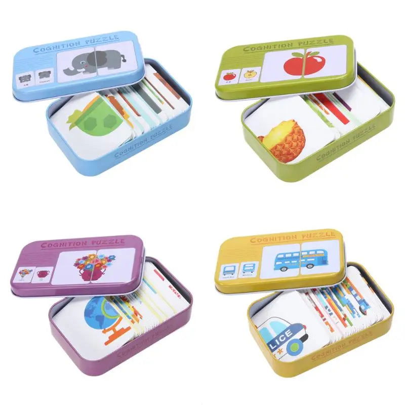 Baby Cognition Puzzle Toys Toddler Kids Iron Box Cards Matching Game Cognitive Card Car Fruit Animal Life Puzzle - Slobuy
